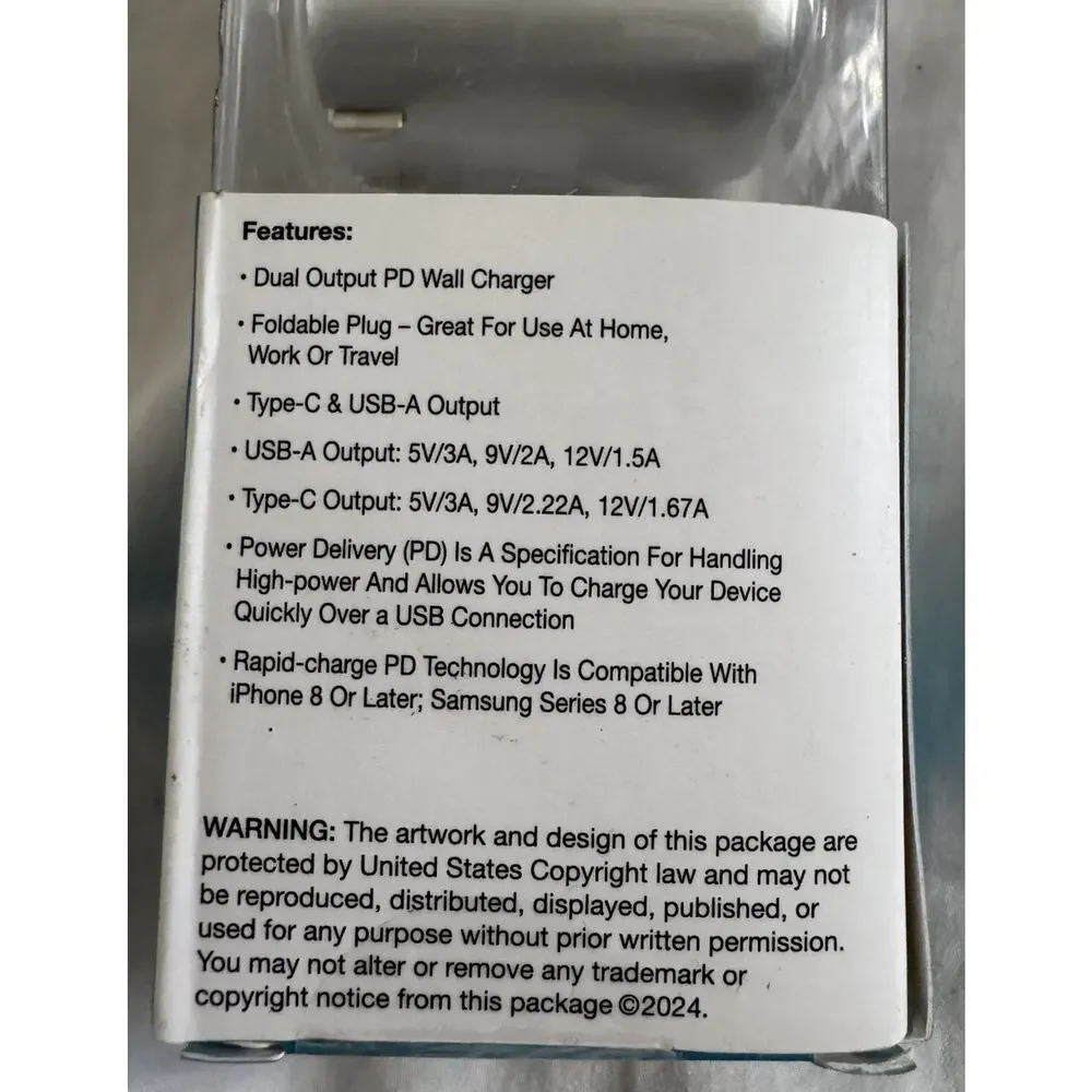PowerXcel Dual Port Wall Charger Type-C +USB Output Power Delivery Up To 20W NEW